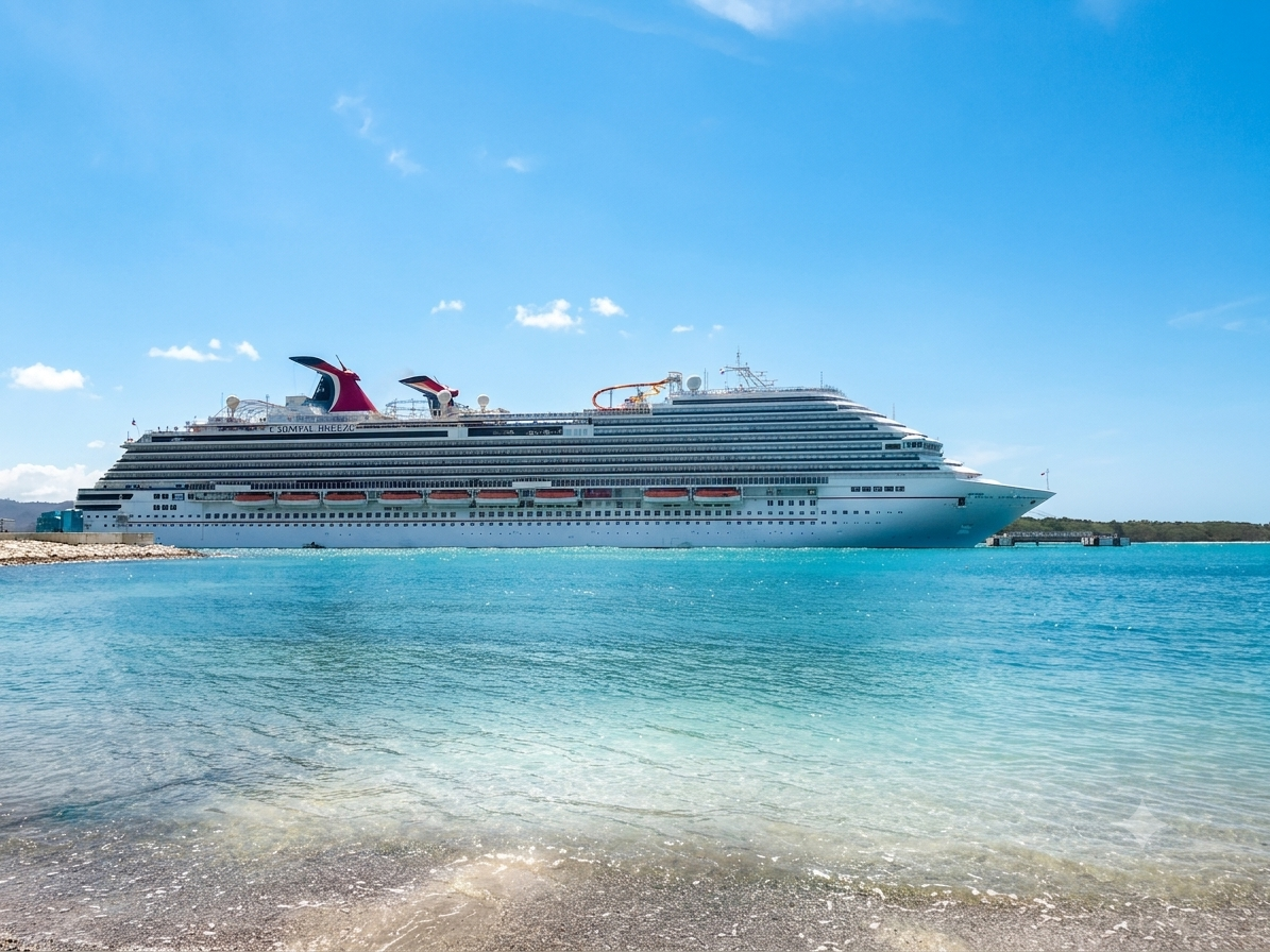“Cruise ships docked at Amber Cove Puerto Plata with Jey Tours private transport waiting”